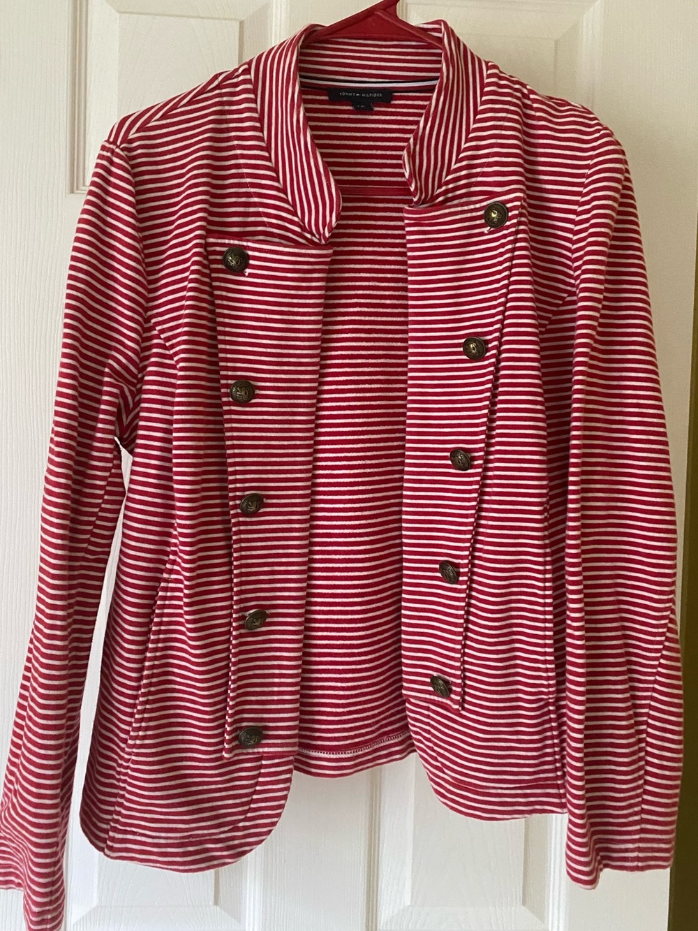 Tommy Hilfiger Red and White Striped Military-Inspired Blazer